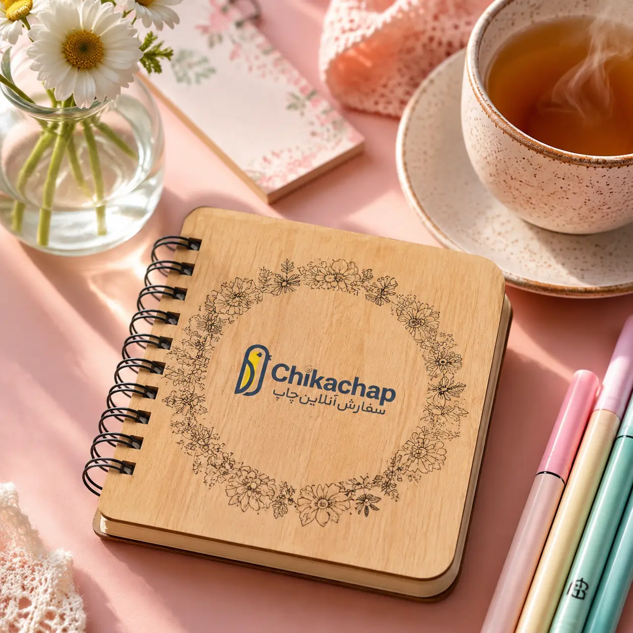دفترچه یادداشت چوبی ۱۰*۱۳ با حکاکی لیزری طرح فانتزی هدیه دخترانه